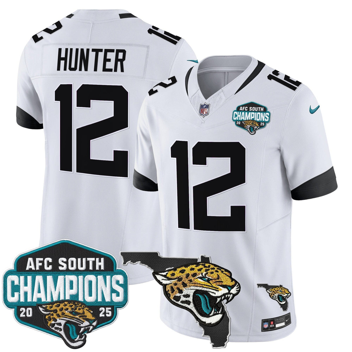 Men's Jacksonville Jaguars 2025 AFC South Division Champions & Florida Patch Vapor Jersey - All Stitched