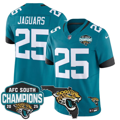 Men's Jacksonville Jaguars 2025 AFC South Division Champions & Florida Patch Vapor Jersey - All Stitched
