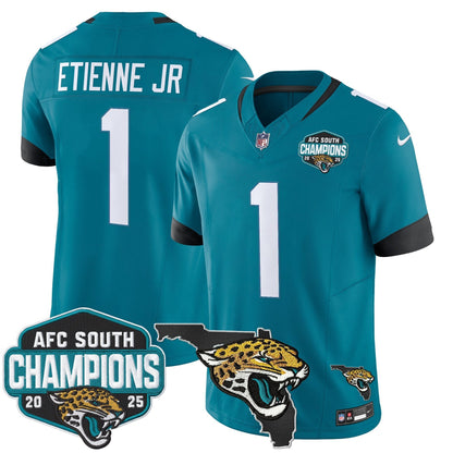 Men's Jacksonville Jaguars 2025 AFC South Division Champions & Florida Patch Vapor Jersey - All Stitched