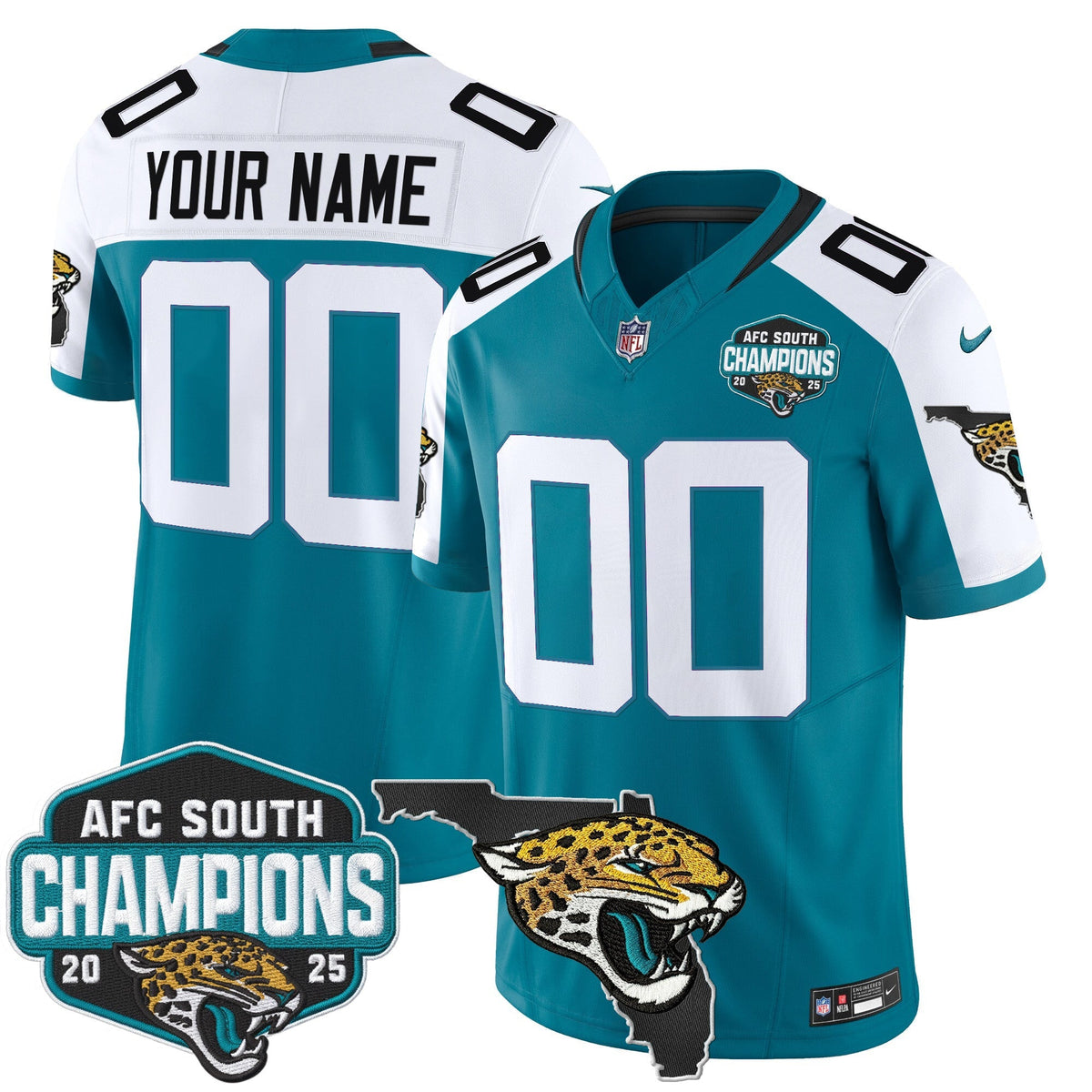 Jacksonville Jaguars 2025 AFC South Division Champions & Florida Patch Vapor Custom Jersey - All Stitched