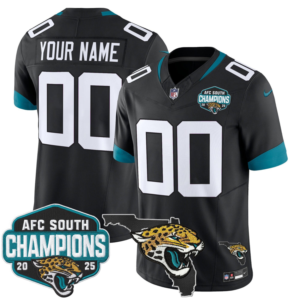Jacksonville Jaguars 2025 AFC South Division Champions & Florida Patch Vapor Custom Jersey - All Stitched