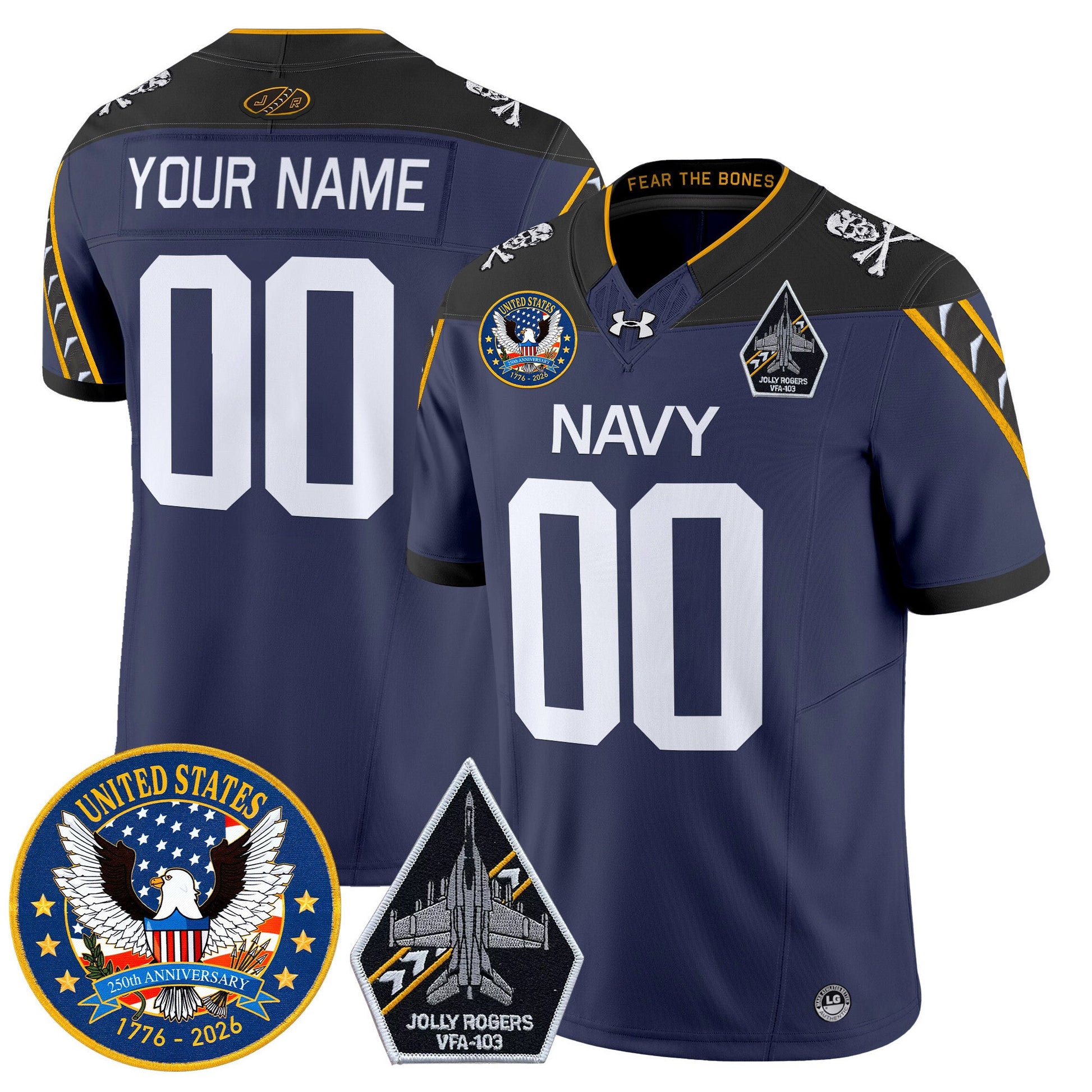 Navy Midshipmen "United States 250th Anniversary Patch" Vapor Limited Custom Jersey - Jolly Rogers Edition - All Stitched