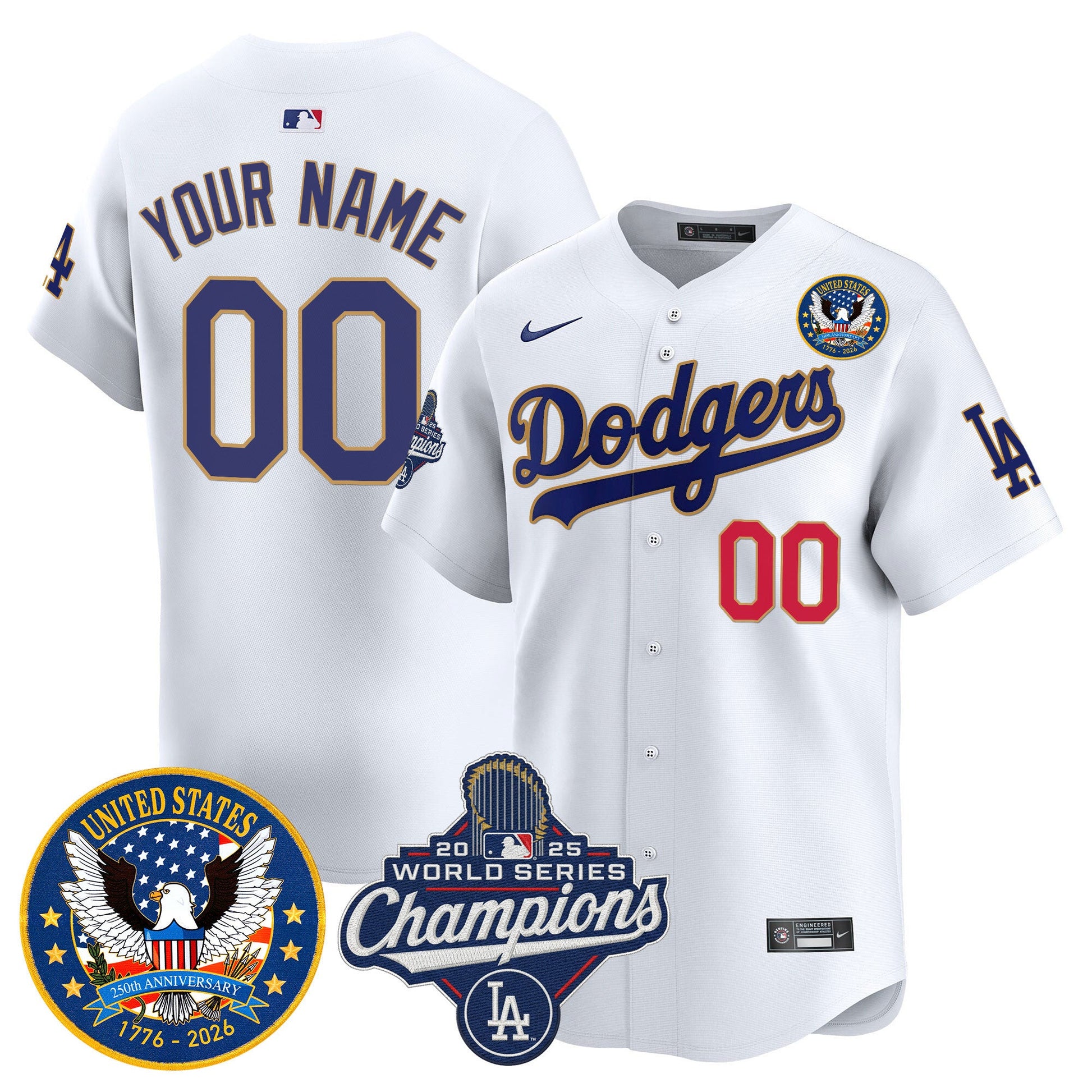 Dodgers 2025 World Series Champions & America 250th Patch Vapor Premier Limited Custom Jersey - All Stitched