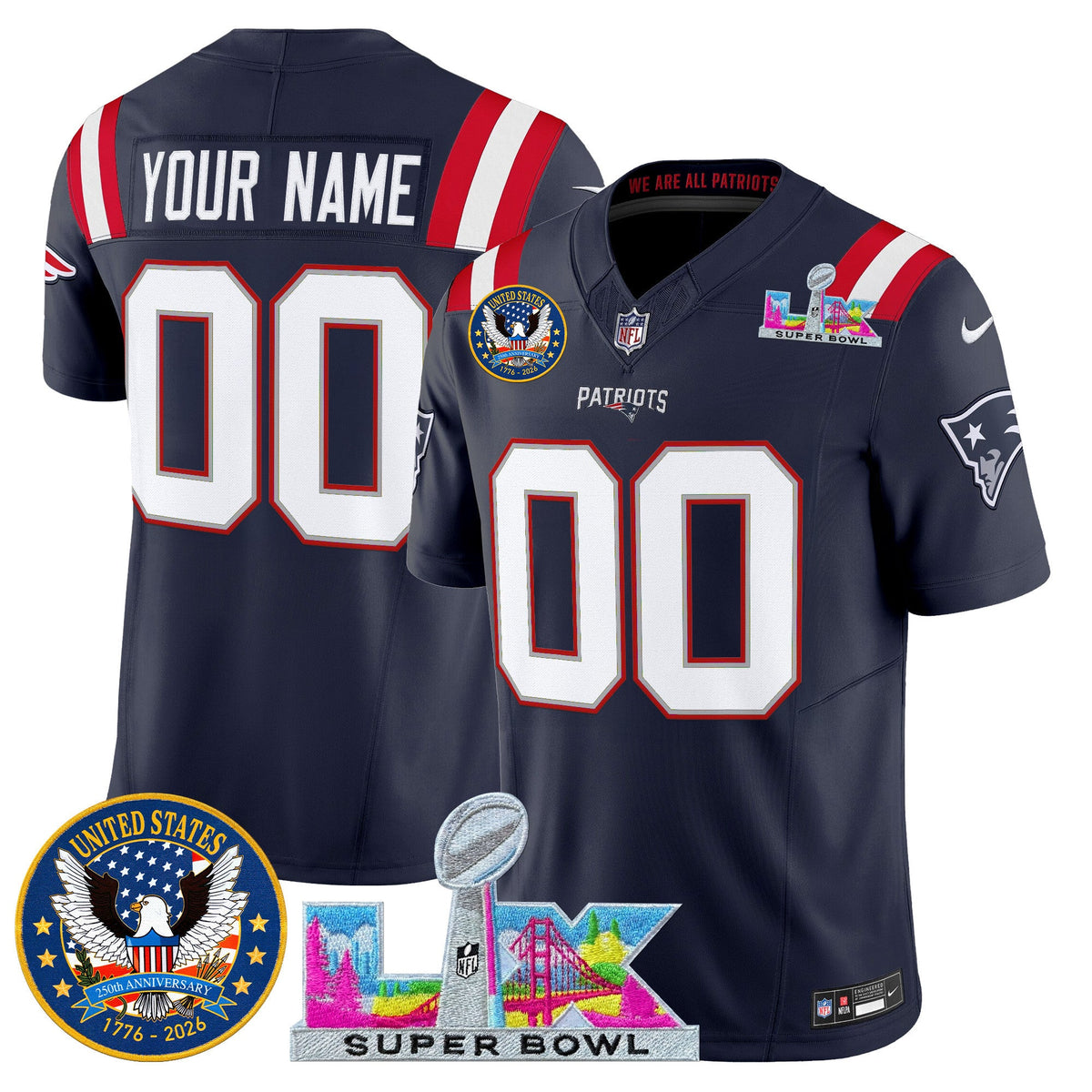 New England Patriots "Super Bowl LX & United States 250th Patch" Vapor Limited Custom Jersey - All Stitched