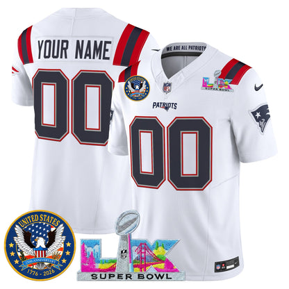 New England Patriots "Super Bowl LX & United States 250th Patch" Vapor Limited Custom Jersey - All Stitched