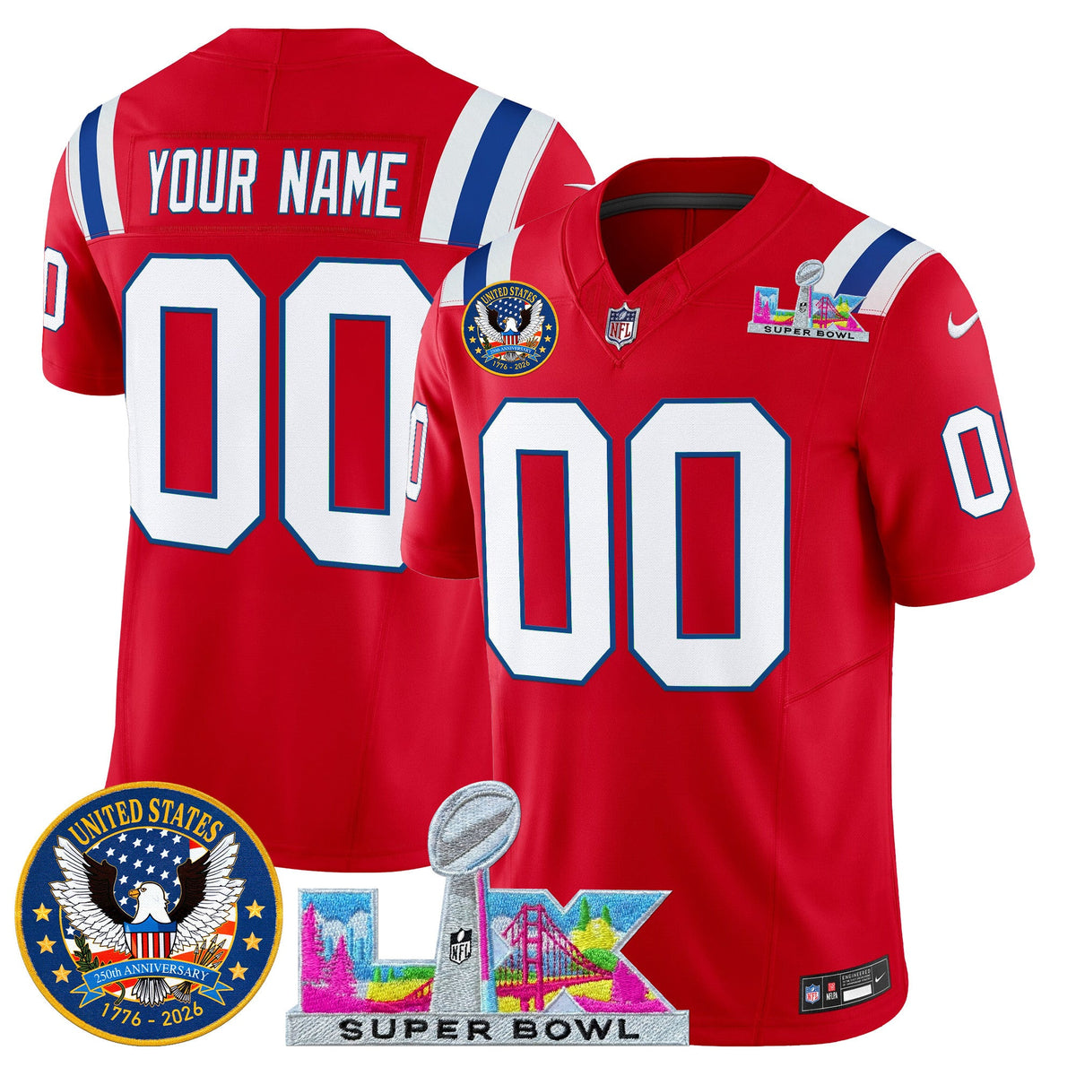 New England Patriots "Super Bowl LX & United States 250th Patch" Vapor Limited Custom Jersey - All Stitched