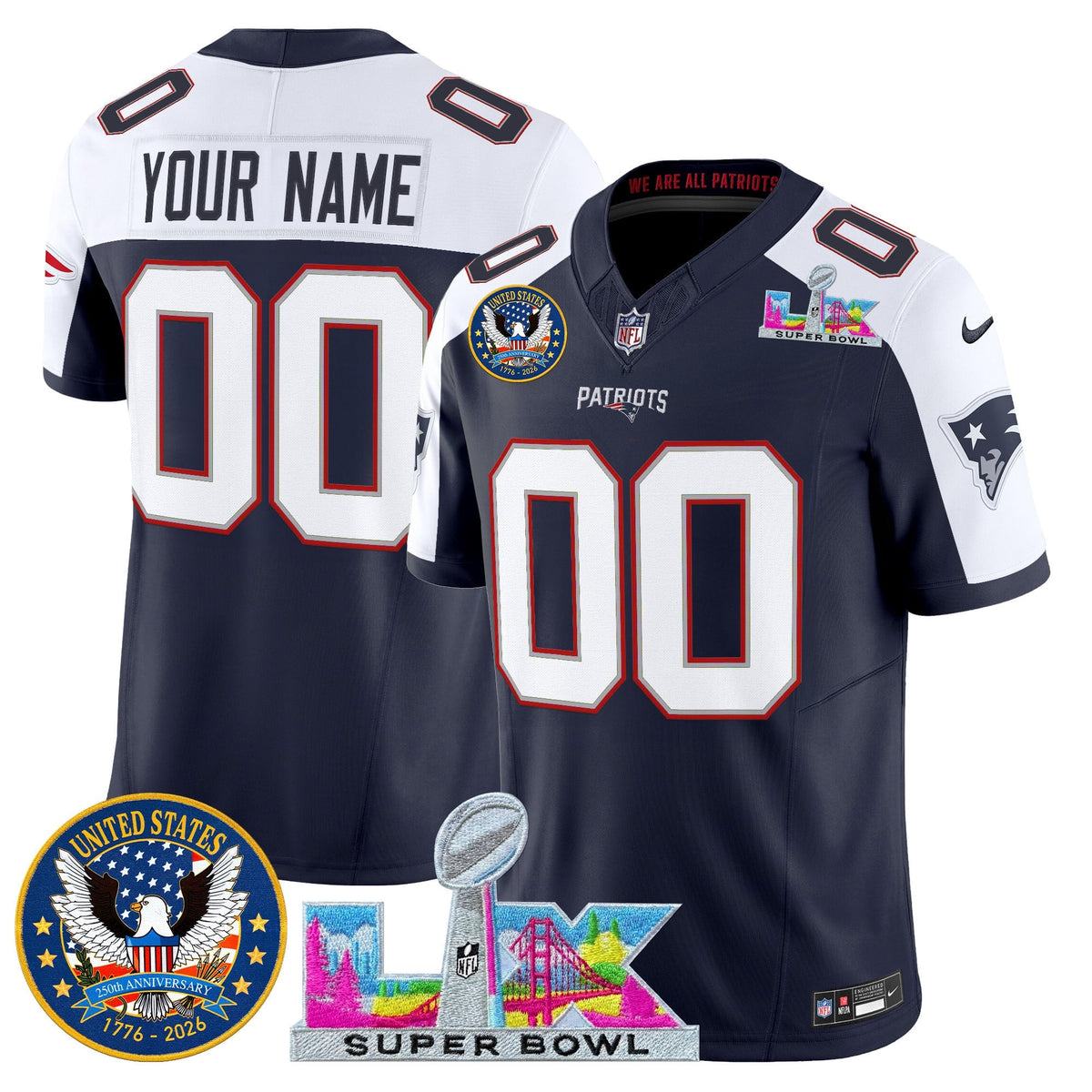 New England Patriots "Super Bowl LX & United States 250th Patch" Vapor Limited Custom Jersey - All Stitched