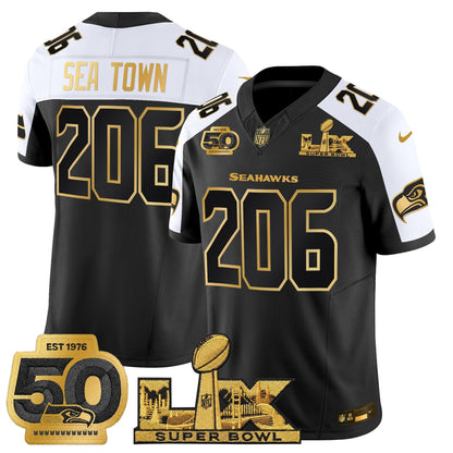Men's Seattle Seahawks "Super Bowl LX & 50th Patch" Gold Vapor Limited Jersey - All Stitched
