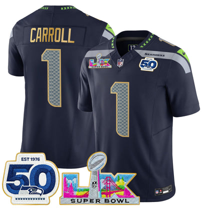 Men's Seattle Seahawks "Super Bowl LX & 50th Patch" Gold Trim Vapor Limited Jersey - All Stitched
