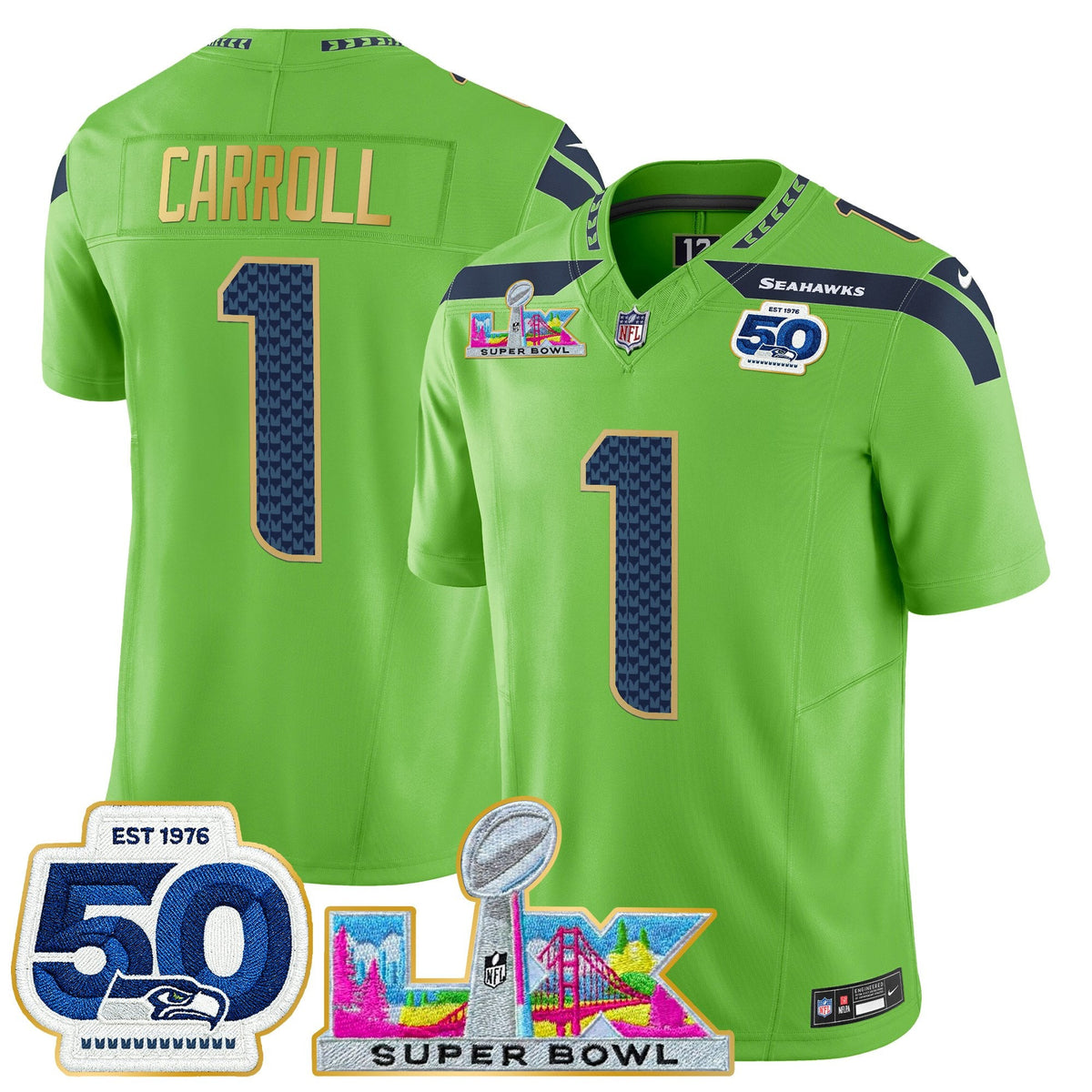 Men's Seattle Seahawks "Super Bowl LX & 50th Patch" Gold Trim Vapor Limited Jersey - All Stitched