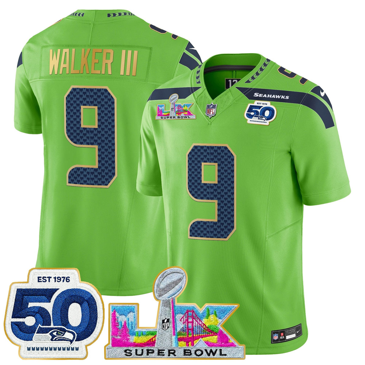 Men's Seattle Seahawks "Super Bowl LX & 50th Patch" Gold Trim Vapor Limited Jersey - All Stitched