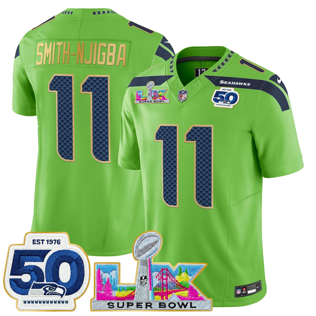 Men's Seattle Seahawks "Super Bowl LX & 50th Patch" Gold Trim Vapor Limited Jersey - All Stitched