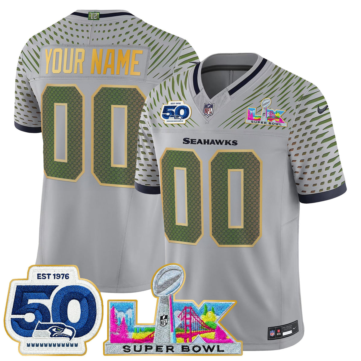 Seattle Seahawks "Super Bowl LX & 50th Patch" Gold Trim Vapor Limited Custom Jersey - All Stitched