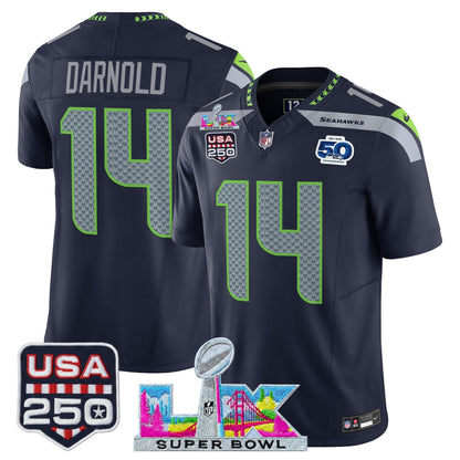 Men's Seattle Seahawks "Super Bowl LX & United States 250th Anniversary Patch" Vapor Limited Jersey - All Stitched