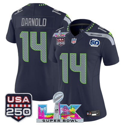 Women's Seattle Seahawks "Super Bowl LX & United States 250th Anniversary Patch" Vapor Limited Jersey - All Stitched