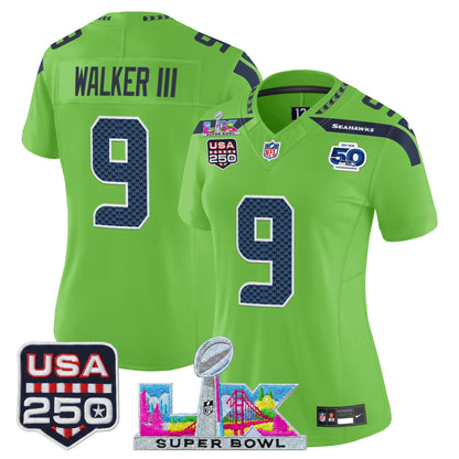 Women's Seattle Seahawks "Super Bowl LX & United States 250th Anniversary Patch" Vapor Limited Jersey - All Stitched