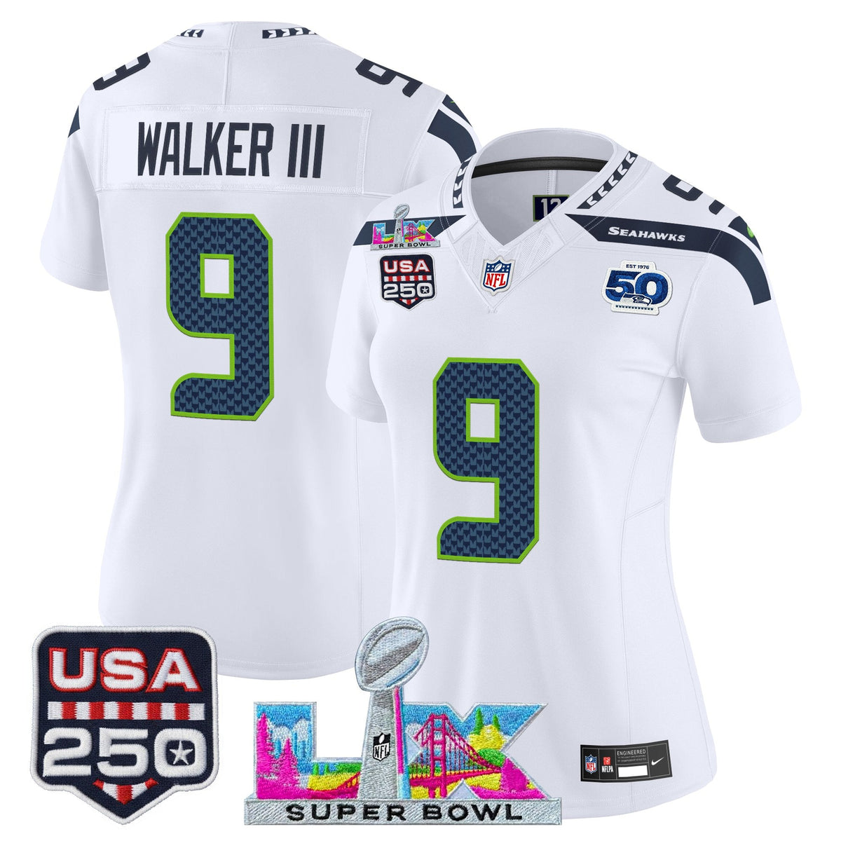 Women's Seattle Seahawks "Super Bowl LX & United States 250th Anniversary Patch" Vapor Limited Jersey - All Stitched