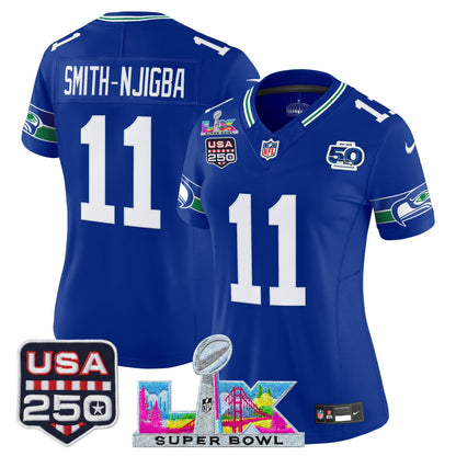 Women's Seattle Seahawks "Super Bowl LX & United States 250th Anniversary Patch" Vapor Limited Jersey - All Stitched
