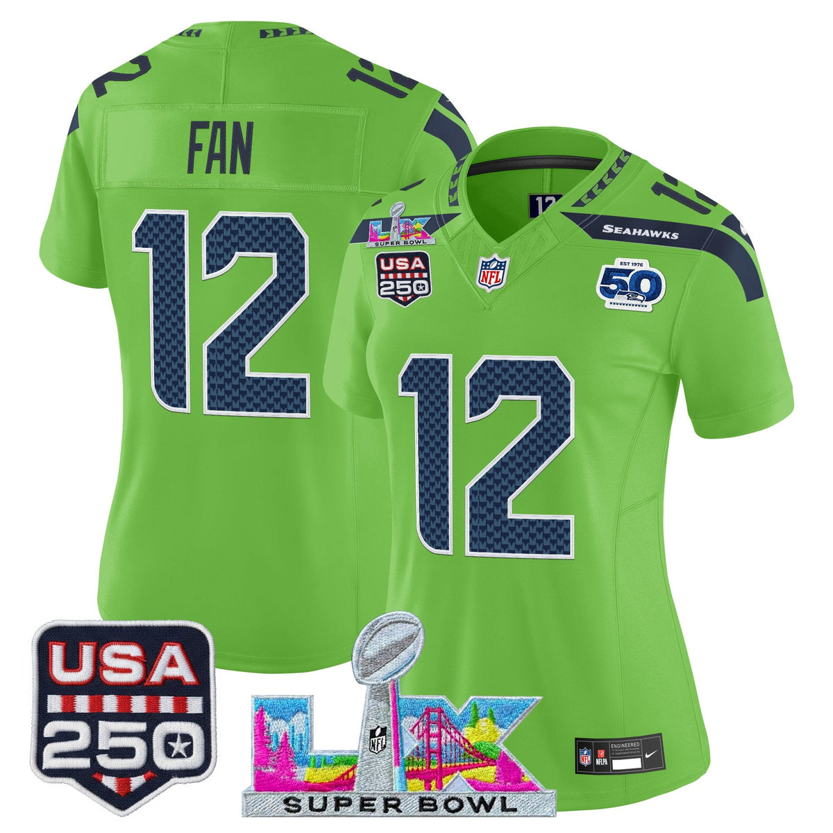Women's Seattle Seahawks "Super Bowl LX & United States 250th Anniversary Patch" Vapor Limited Jersey - All Stitched