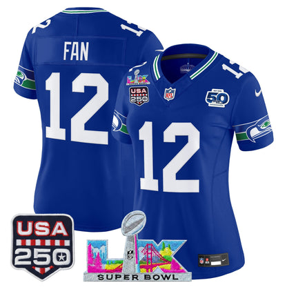 Women's Seattle Seahawks "Super Bowl LX & United States 250th Anniversary Patch" Vapor Limited Jersey - All Stitched