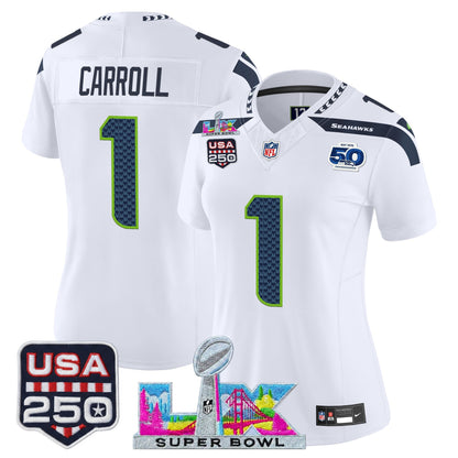 Women's Seattle Seahawks "Super Bowl LX & United States 250th Anniversary Patch" Vapor Limited Jersey - All Stitched