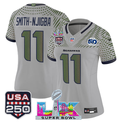Women's Seattle Seahawks "Super Bowl LX & United States 250th Anniversary Patch" Vapor Limited Jersey - All Stitched