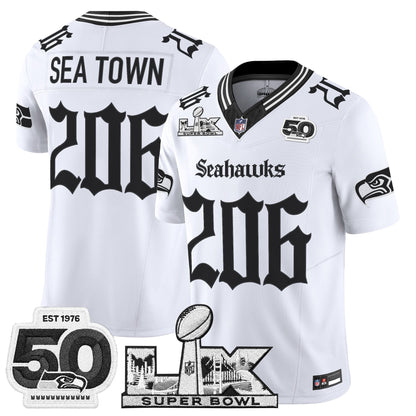 Men's Seattle Seahawks "Super Bowl LX & 50th Patch" Vapor Limited Jersey - Gothic Edition - All Stitched