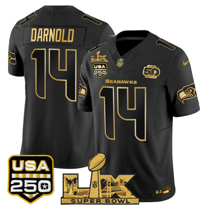Seattle Seahawks "Super Bowl LX & United States 250th Anniversary Patch" Gold Vapor Limited Jersey - Stitched