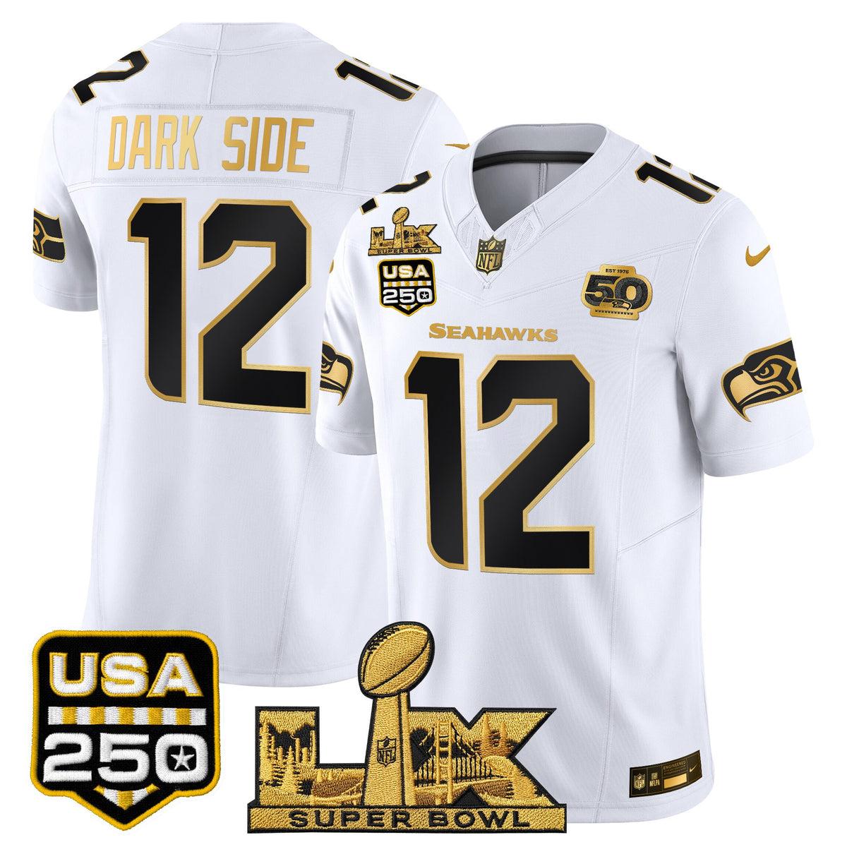 Seattle Seahawks "Super Bowl LX & United States 250th Anniversary Patch" Gold Vapor Limited Jersey - Stitched