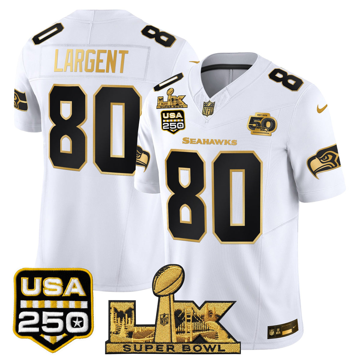 Seattle Seahawks "Super Bowl LX & United States 250th Anniversary Patch" Gold Vapor Limited Jersey - Stitched