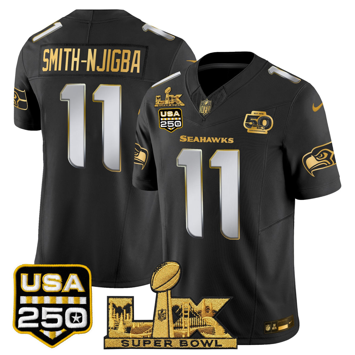 Seattle Seahawks "Super Bowl LX & United States 250th Anniversary Patch" Gold Vapor Limited Jersey - Stitched