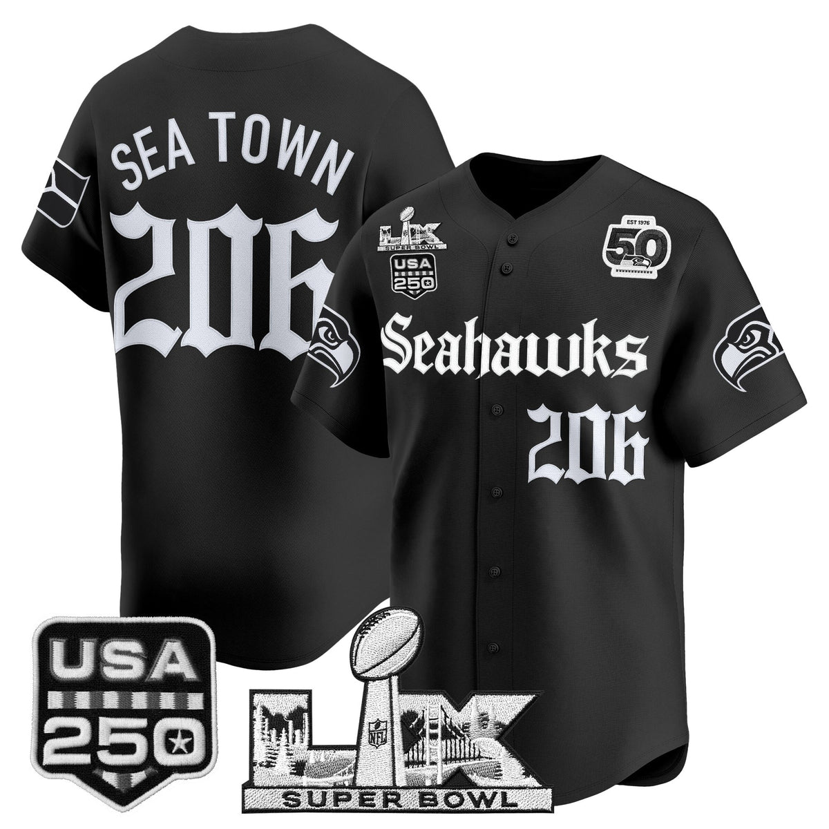 Seattle Seahawks “Super Bowl LX & 50th Patch” Vapor Baseball Jersey - Gothic Edition - Stitched