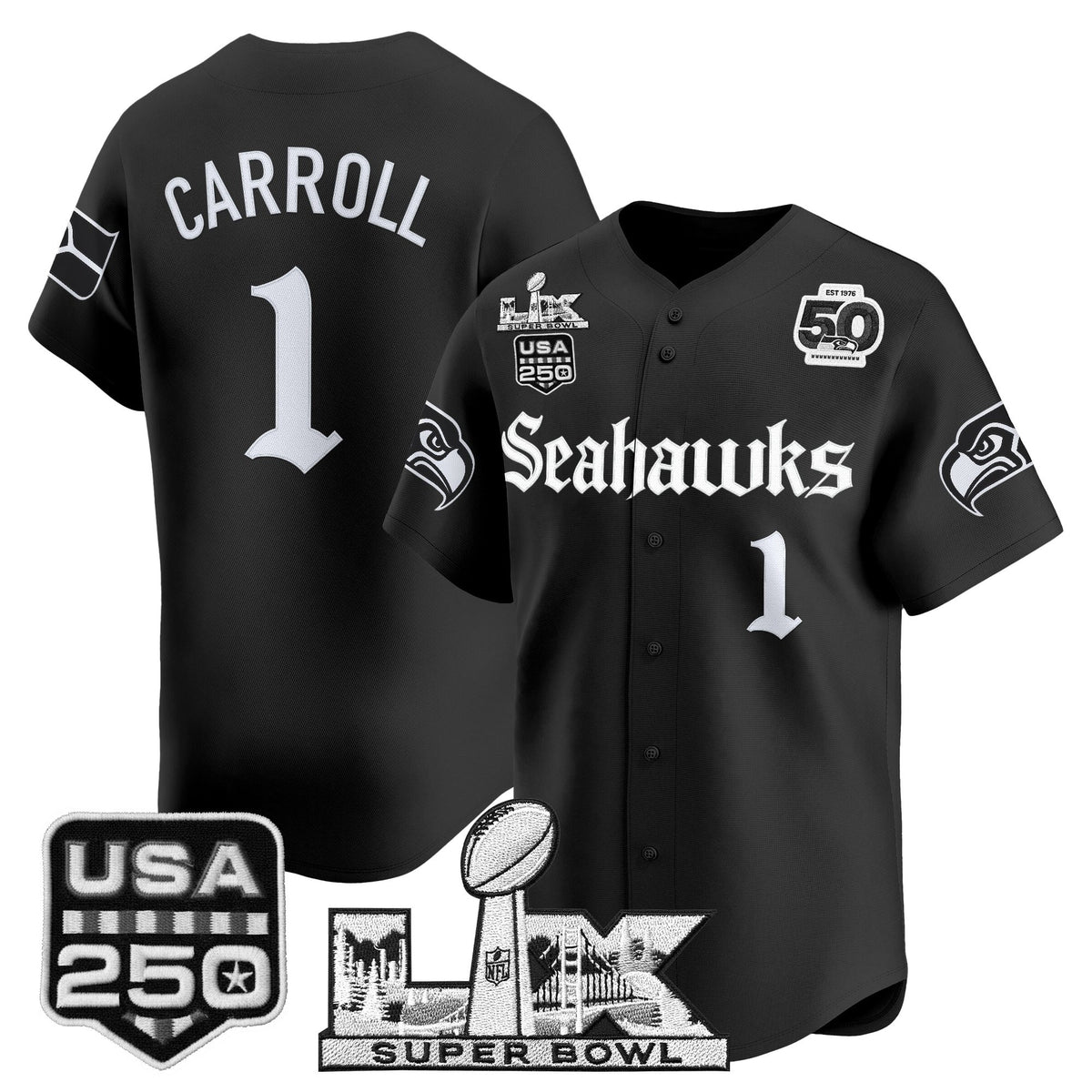 Seattle Seahawks “Super Bowl LX & 50th Patch” Vapor Baseball Jersey - Gothic Edition - Stitched