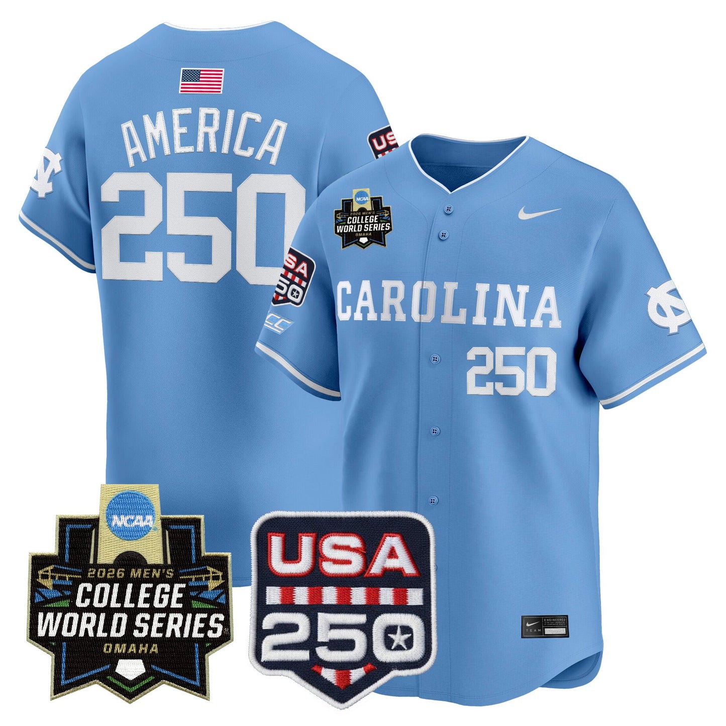 North Carolina Tar Heels 2026 World Series Vapor Premier Limited Jersey - 250 America Patch - All Stitched