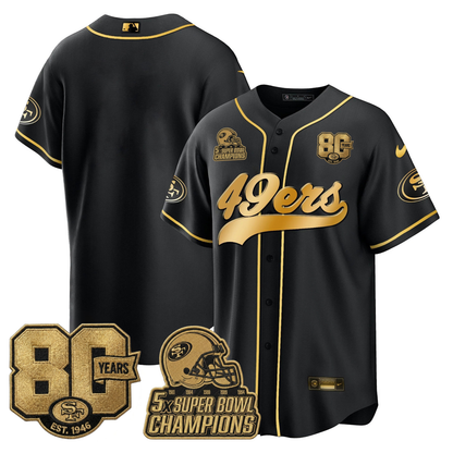 SF 80 Years & 5X Champs Patch Black Gold Baseball Jersey - Stitched