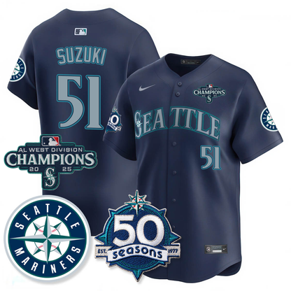 SEA Vapor Premier Limited Jersey - 50th Anniversary & AL West Division Champions - All Stitched Navy / Ichiro Suzuki