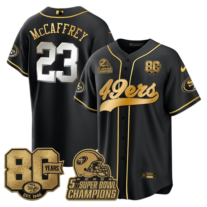 SF 80 Years & 5X Champs Patch Black Gold Baseball Jersey - Stitched
