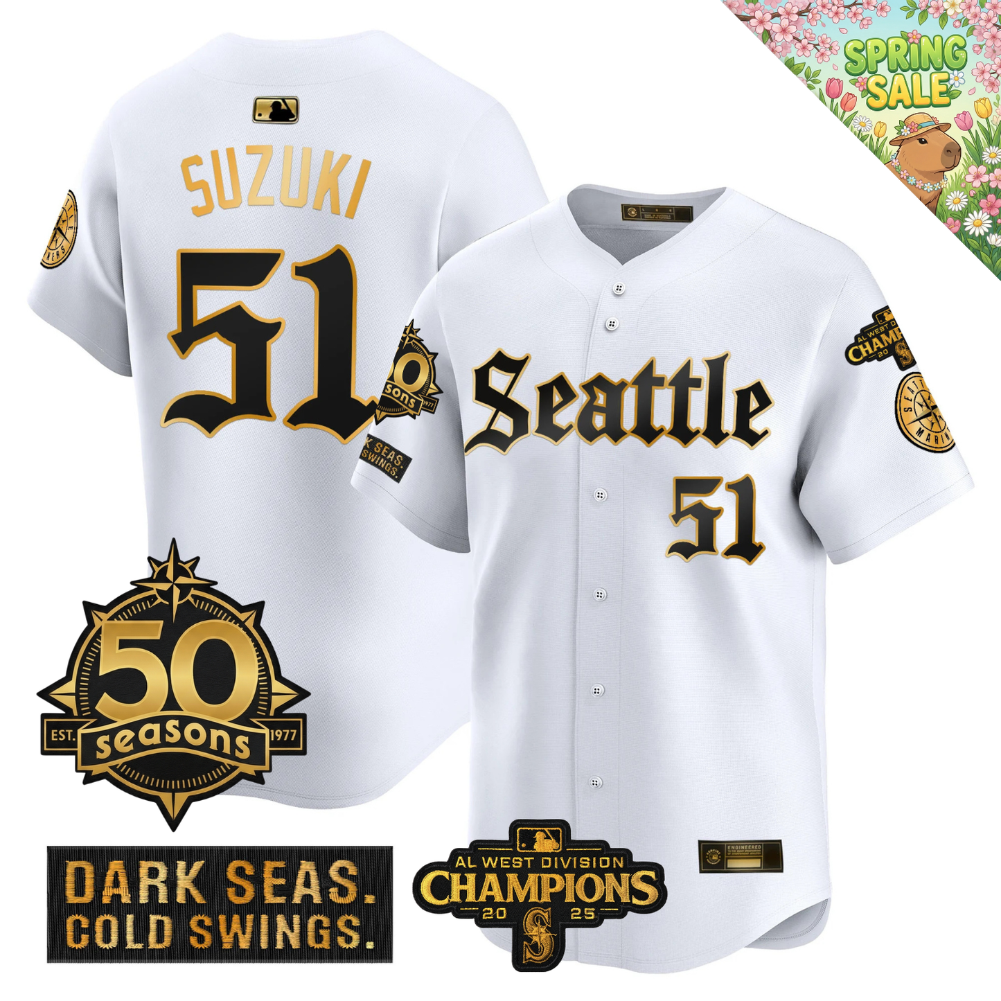 SEA Vapor Limited Gold Jersey - 50th Anniversary & 2025 AL West Champs Patch - All Stitched