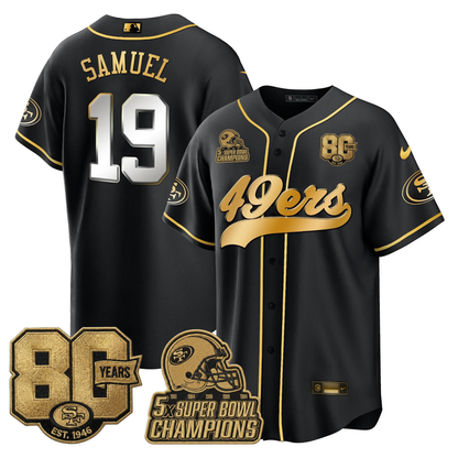 SF 80 Years & 5X Champs Patch Black Gold Baseball Jersey - Stitched