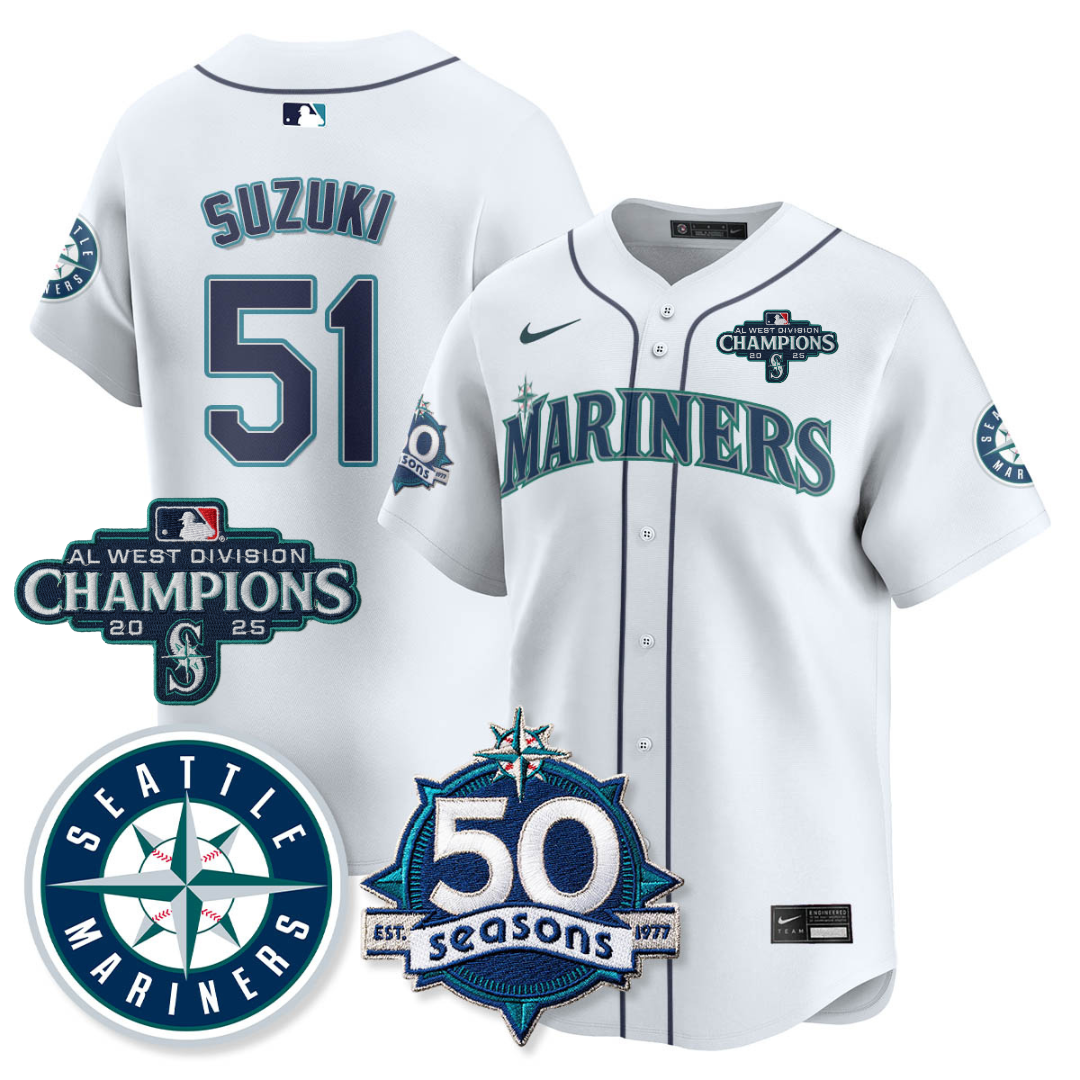 SEA Vapor Premier Limited Jersey - 50th Anniversary & AL West Division Champions - All Stitched White / Ichiro Suzuki