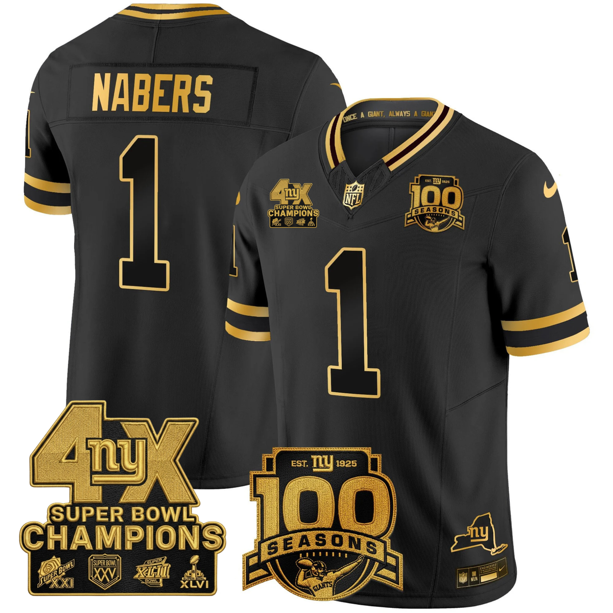 NYG 4X Champions & 100th Season Patch Vapor Limited Gold Jersey - Stitched-NQD