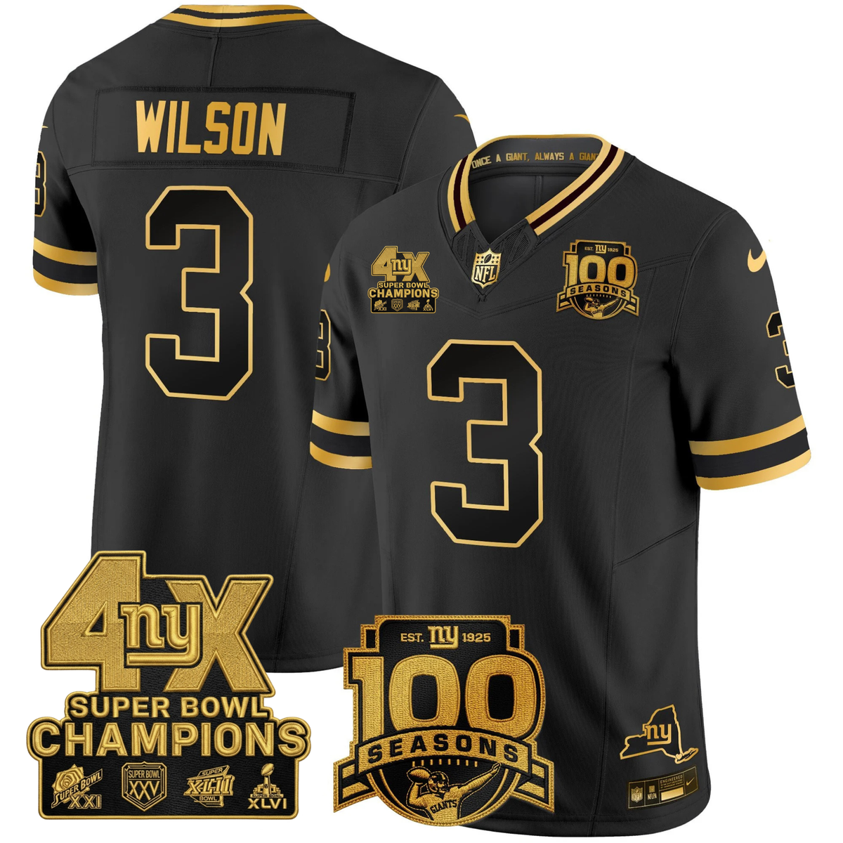 NYG 4X Champions & 100th Season Patch Vapor Limited Gold Jersey - Stitched-NQD