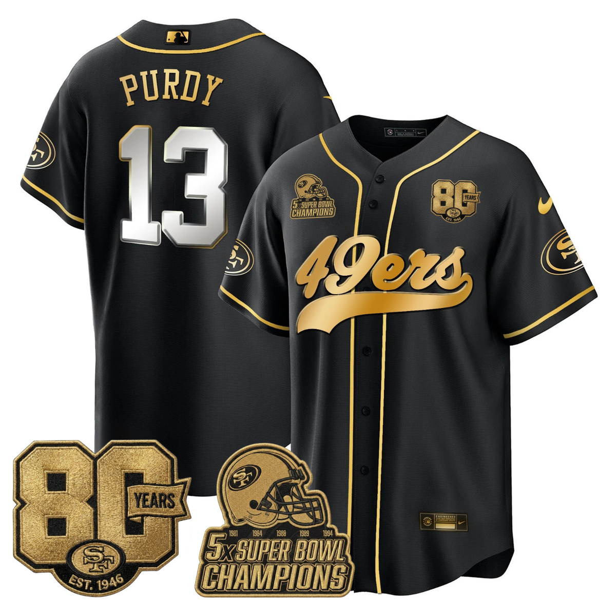SF 80 Years & 5X Champs Patch Black Gold Baseball Jersey - Stitched