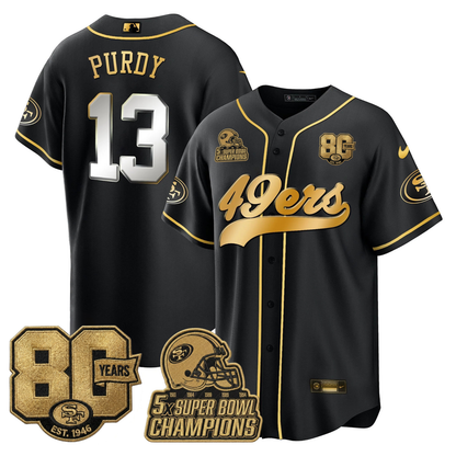 SF 80 Years & 5X Champs Patch Black Gold Baseball Jersey - Stitched