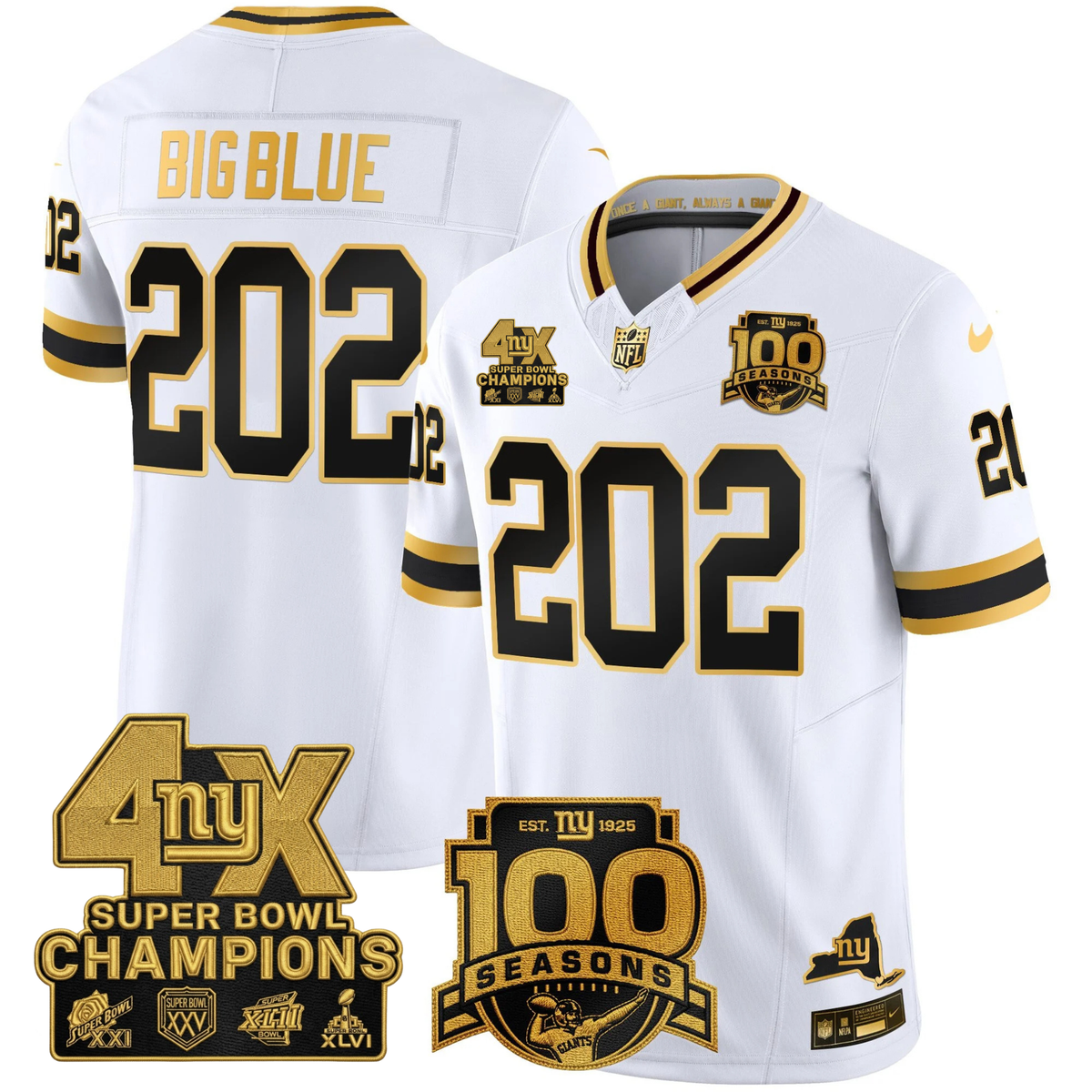 NYG 4X Champions & 100th Season Patch Vapor Limited Gold Jersey - Stitched-NQD