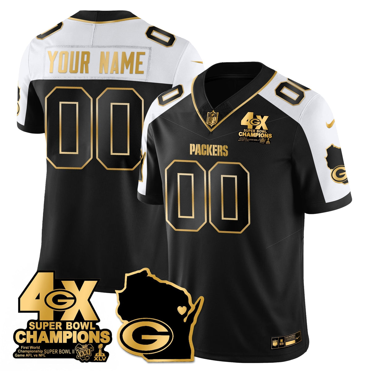 GB 4-Time Champions Patch Vapor Limited Gold Custom Jersey - Stitched