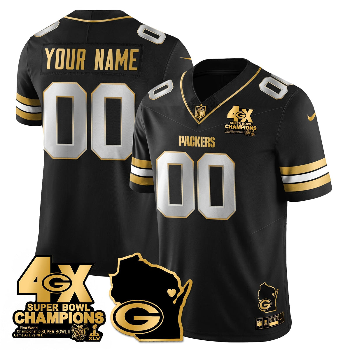 GB 4-Time Champions Patch Vapor Limited Gold Custom Jersey - Stitched