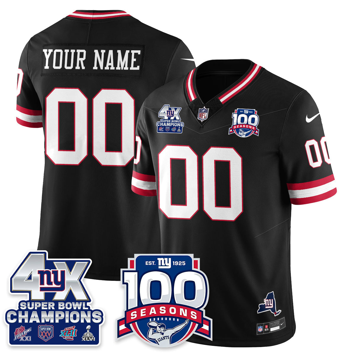 NYG 4-Time Champions Vapor Limited Custom Jersey- 100th Season - Stitched