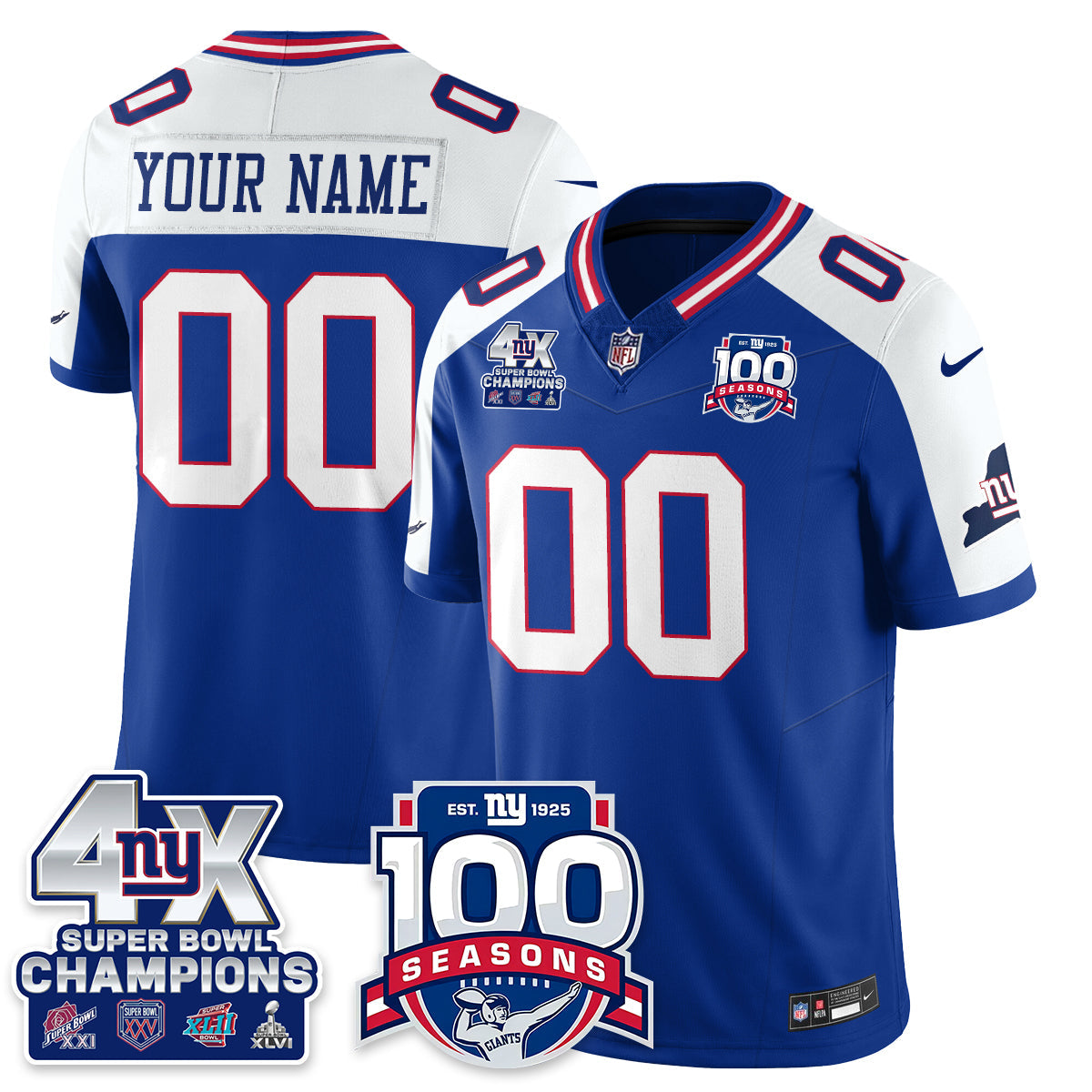 NYG 4-Time Champions Vapor Limited Custom Jersey- 100th Season - Stitched