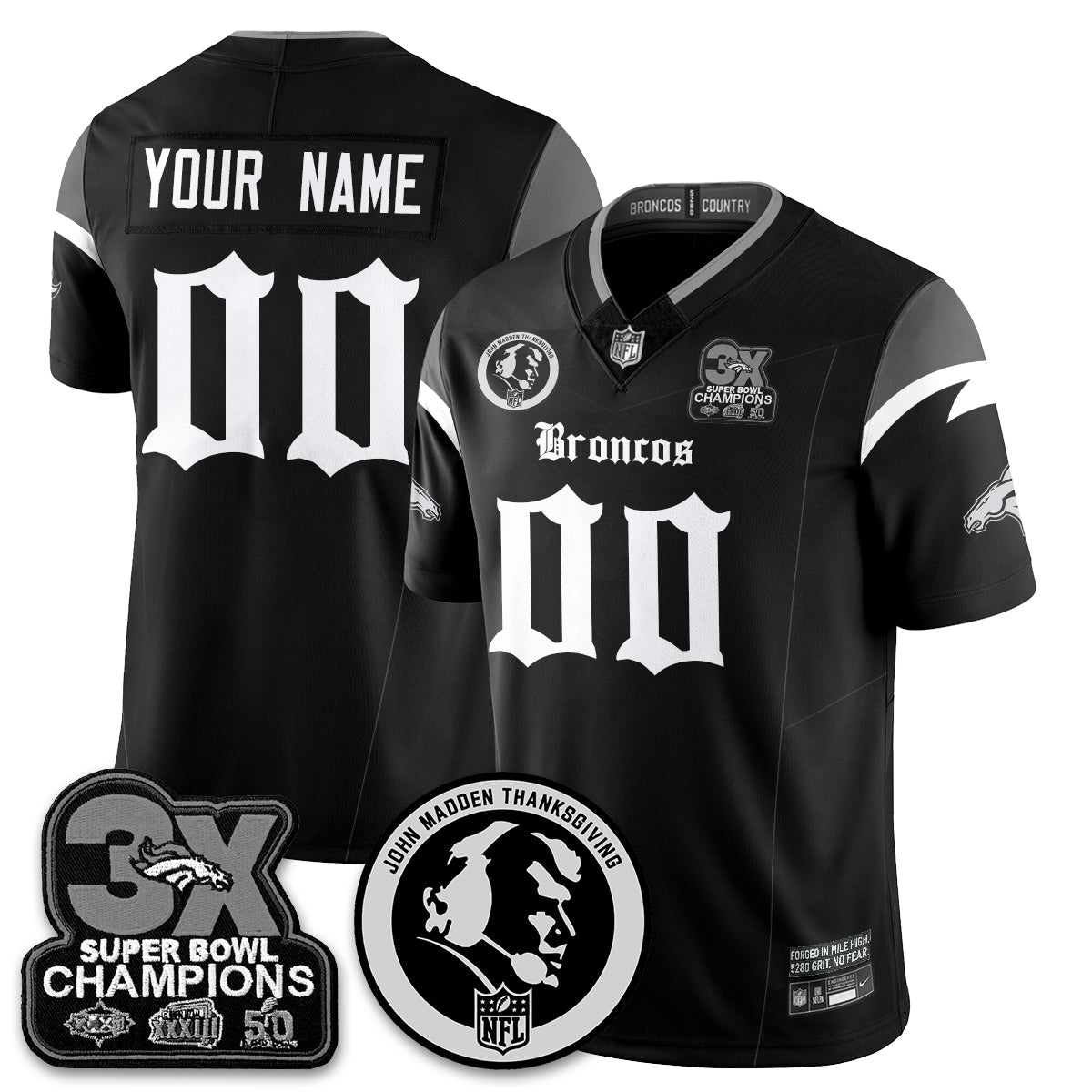 DEN Gothic 3x Champions Vapor Limited Custom Jersey - John Madden Patch - Stitched